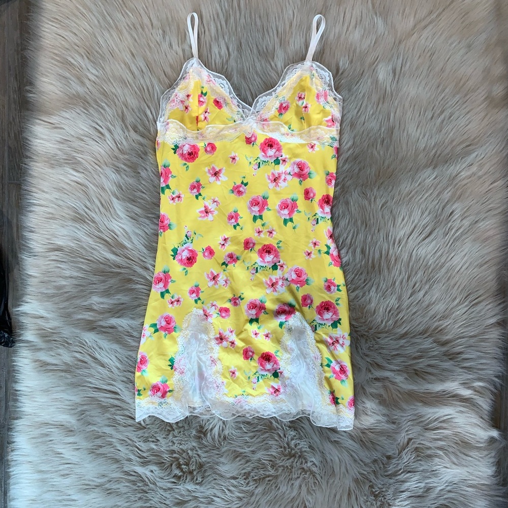 Size Small Summer Mini Dress Yellow Dress with Pink Floral White Lace Trim